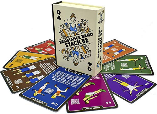 Stack 52 Resistance Band Exercise Cards. Exercise Band Workout Playing Card Game. Video Instructions Included. Home Fitness Training Program for Elastic Rubber Stretch Band Sets. (Updated Deck)