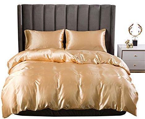 Champagne Silk Duvet Cover Set Full Size Silk Like Satin Comforter Cover Set Solid Color Decor Soft Microfiber Women Bedding Sets With Zipper Ties Soft Luxury Duvet Cover For Adult Women Men Girls
