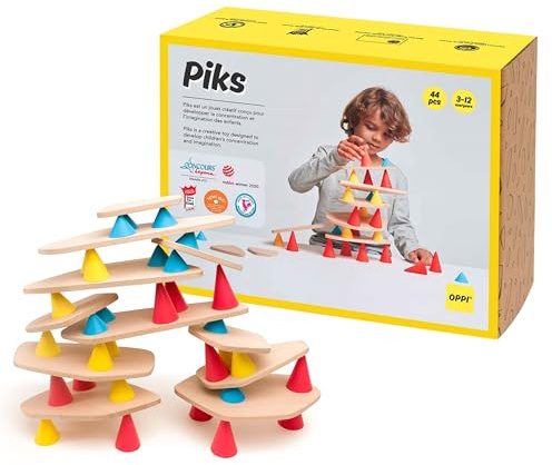 OPPI - PIKS - Medium Kit - Jeu éducatif en Bois et Silicone - Jeu d'éveil - Motricité - Jeu de Construction - 3-12 Ans - avec livret d'instructions - 44 Pièces, Divers