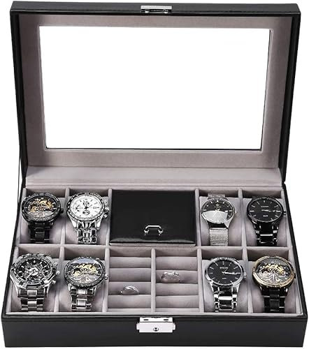 Uhrenbox Herren mit 8 Fächern, Schmuckkästchen Uhrenkoffer für Uhren, Ringe, Sonnenbrille, Schmuck Uhr Aufbewahrungsbox mit Glasdeckel