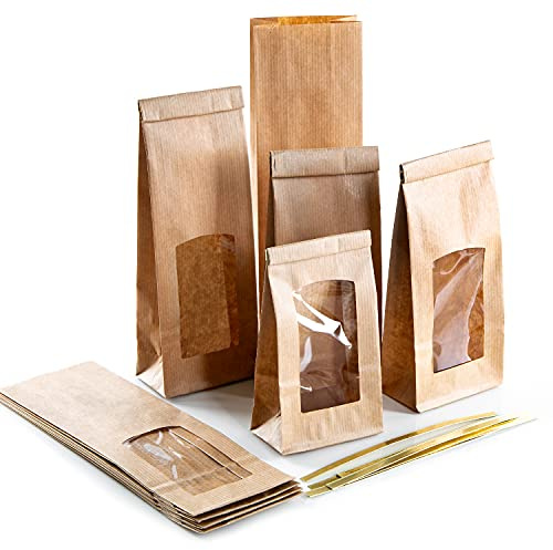 Sacchetti kraft con finestra trasparente, 10 pezzi: buste carta per alimenti con clip dorate, tè, spezie, dolci, regali fai da te, bustine blocco fondo, richiudibili, 26,5 x 8,5 x 5 cm