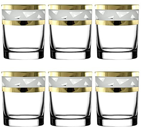 Whiskey Glasses Set of 6 with Unique Gold Rim and Round Thick Heavy Bottom/Modern Whiskey Tumblers/Gift Set for Men or Women - 250ml (Gold Ice)