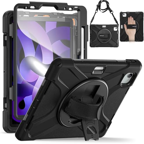 BRAECN für iPad Air 5./4. Generarion Hülle - 10.9 Zoll 2022/2020 Schwarz | Stoßfeste Robuste Tragbare Schutzhülle mit Displayschutz, 360° drehbarer Ständer und Handgurt, Schultergurt, Stifthalter