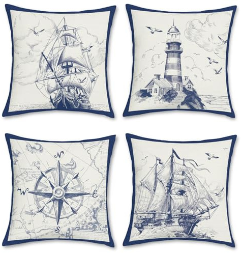Bonhause 4er Set Kissenbezüge Nautisch Segelboot Kompass 45 x 45 cm Polyester Leinen Dekorative Marineblau Kissenhülle Zierkissenbezüge für Sofa Schlafzimmer Wohnzimmer Zuhause Dekoration