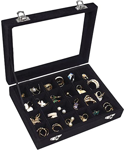 Vicoter Velvet Jewelry Box 24 Grid Jewelry Ring Display Organiser Box Tray Holder Earrings Storage Case for Girls Wife Mom Women (Black)