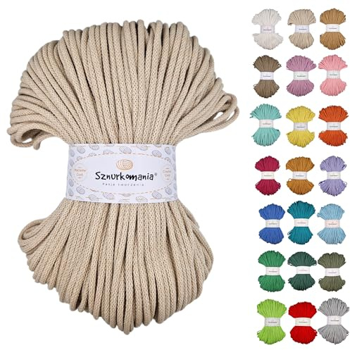 Sznurkomania, Geflochtene Baumwollkordel 5mm 100m, 46 Farben, Häkelkordel, Makramee Kordel, Makramee Garn, Premium Garn, Makramee Seil, (Hell beige)