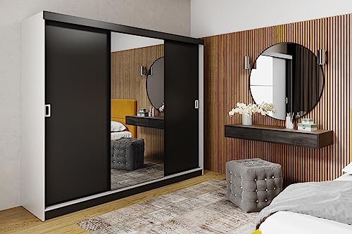 KIER FURNITURE Mehrzweckschrank Retro 1 200 Schiebetürenschrank - Eleganter Kleiderschrank Schrank Garderobe Spiegel - Wohnzimmerschrank Schiebetüren - Weiß + Schwarz 200x205x59 cm