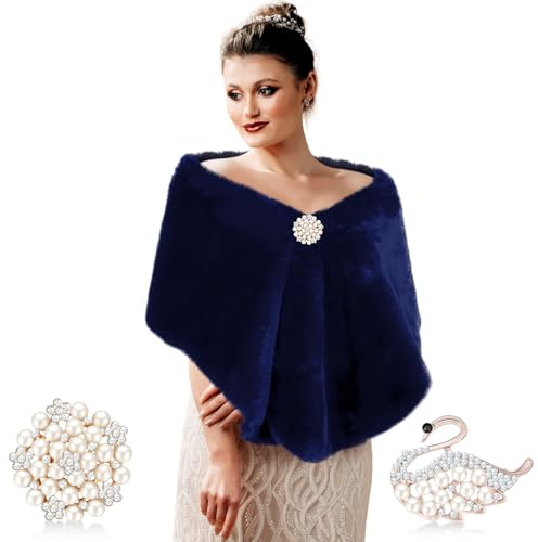 Jadive Damen Kunstpelz Schal Kunstfell Stola Braut Hochzeit Winter Stola mit 2 Strass Broschen (Marineblau)