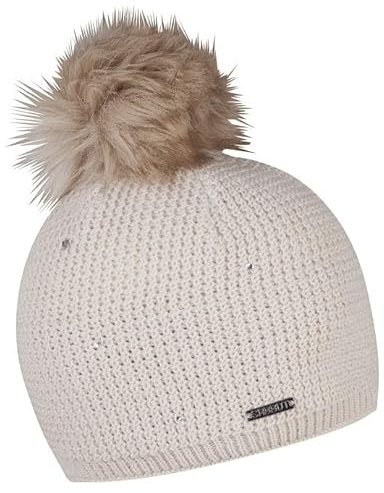 SABBOT Schick Damen Mütze mit Pelzbommel, Fleece-Futter, Wintermütze, Strickmütze, Mit Strasssteinen,Warme Kappe (Beige)
