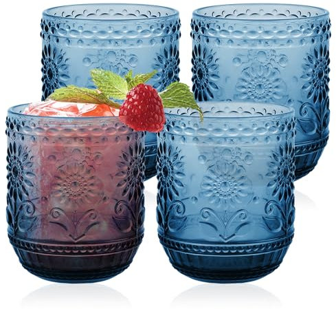 Ulable Drinking Glasses Set of 4-360ml/12oz Vintage Tumbler Glasses - Decorative Floral Embossed Water Glasses - Heavy Duty Glassware Beverages Tumblers for Whisky, Beer, Juice, Wine, Blue