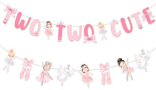 Kreatwow Ballet 2nd Birthday Decoration Two Two Cute Banner Ballerina Garland 2nd Birthday Decorations for Girls Pink Birthdday Banner Ballerina Dancing Party Supply for Outdoors