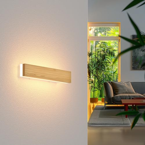 AOLED LED Wandleuchte Holz Innen 30cm, 12W Bambus Wandlampe Modern Minimalistisch, 3000K Warmweiß, Längliche Flurlampe Treppenlicht für Wohnzimmer, Schlafzimmer, Flur & Balkon