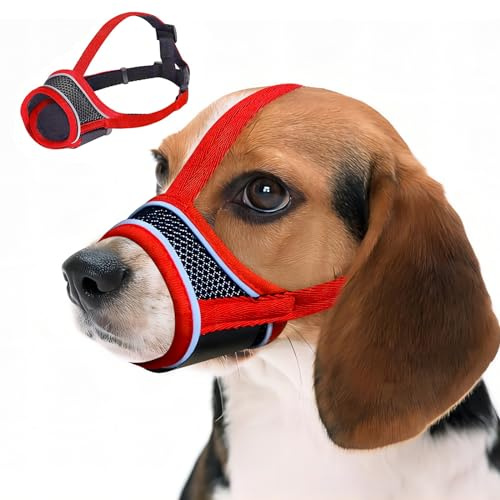 Maulkorb für kleine und mittelgroße Hunde, atmungsaktives Netzgewebe, mit verstellbarem Haken, weicher Maulkorb, um Beißen, Kauen und bestimmtes Bellen zu verhindern (Rot, M)