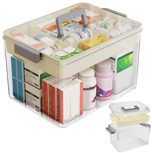 ADERTOS Medizinbox Doppelschichtig Medicine Box Hausapotheke Kiste Plastik Apotheken Organizer Kunststoff Aufbewahrungsbox Medikamente Erste Hilfe Box mit Griffe 26x16x15cm Medizinkoffer für zuhause