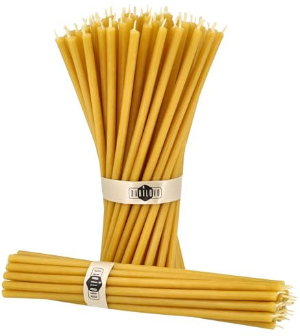 Danilovo Reine Bienenwachskerzen – tropffrei, rauchfrei, hohe, dünne Spitzkerzen – dekorative Kerzen für Kirchgebet, Deko oder Geburtstagskerzen – Honigduft Kerzen – 18,5 x 0,61 cm (Gelb, 50 Stück)