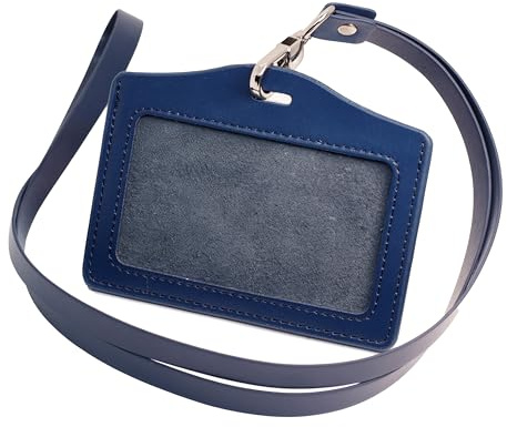 BAWAKO 2er Ausweishüllen echt Leder, ID Kartenhalter Ausweishalter aus robustem Leder, ID Badge Holder mit PU leder Band (Blau, H)
