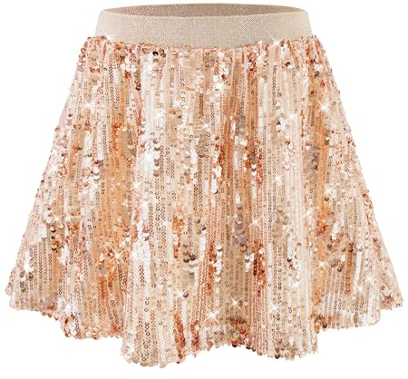 Rolanko Gonna di Paillettes per Ragazze Vita Elastica Skorts Brillantinati Plissettati con Fodera per Danza Bambini Festa di Compleanno da Principessa, Oro, Taglia: 5-6 anni/120
