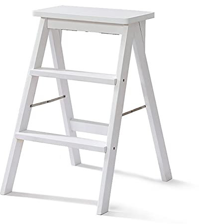 Escabeau à 3 marches en bois massif pour cuisine et ménage - Tabouret pliable avec pédales multifonctions - Design ergonomique pour adultes