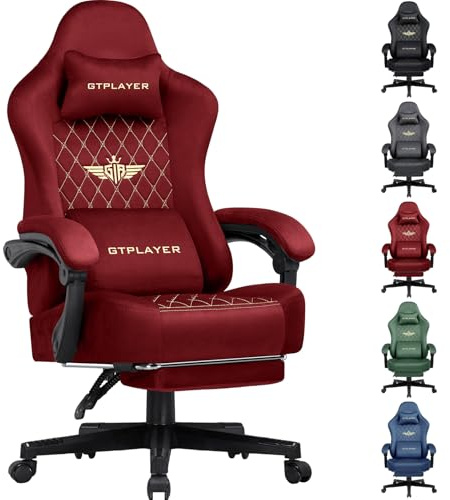 GTPLAYER Fabric Gaming Chair, Ergonomic Computer Chair with Footrest and Lumbar Support Height Adjustable Home Office Chair with 360°-Swivel Seat and Headrest (Red)