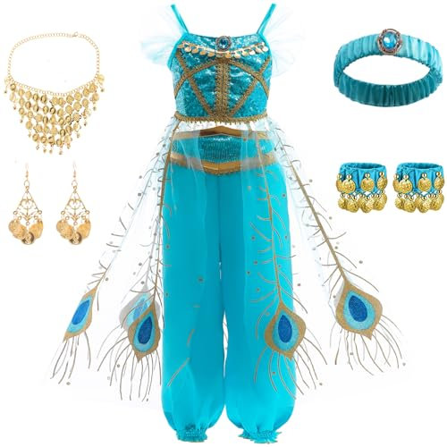 TRACYCY Mädchen Jasmin Kostüm Pailletten Top Hose Bauchtanz Kleider mit Zubehör Weihnachten Karneval Halloween Party Fest Aladdin Jasmine Prinzessin Kostüm Verkleidung, 3-9 Jahre