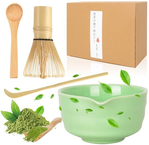 5 Pezzi Matcha Kit, Accessorio per Cerimonia Matcha Giapponese nel Bambù Ceramica, Matcha Whisk Holder Tea Making Kit, Te Set Matcha Giapponese per Latte Colazione, Regalo per Famiglia Collega Amico