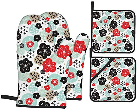 4Pcs Oven Mitts and Pot Holders Imprimé Fleurs De Cerisier du Japon À La Menthe 2 Pcs Oven Mitts with 2 Pcs Pot Holders Pot Pads Durable Oven Gloves, for Cooking, Grilling, BBQ