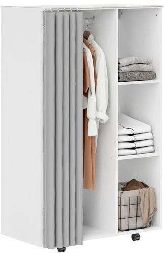HOMCOM Klädskåp, skåp, mobilt förvaringsskåp, 4 hjul, med klädstång och öppna hyllor, klädkammare, rullande klädskåp, för sovrum, dim. 80 x 40 x 128 cm, vit