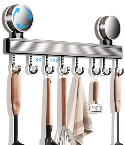 MosQler Hakenleiste Küche ohne Bohren mit Saugnapf | 8 Haken, 40 cm lang, 20 kg Tragfähigkeit, 1-Minuten-Installation | Abnehmbare rostfreie hakenleiste für Küchenutensilien ﻿