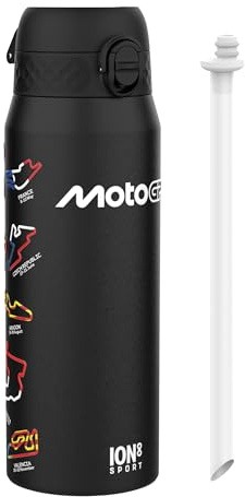 ion8 MotoGP Mischung Vakuumisolierte Edelstahl-Trinkflasche, 750ml (24oz), Auslaufsicher, Einhandöffnung, Sichere Verriegelung, Spülmaschinenfest, Tragegriff, Langlebig, Ideal für Sport