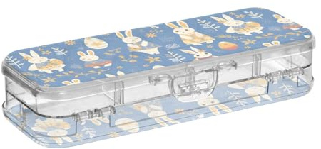 tplaotee Rabbit Easter Egg Blue Designed Pencil Storage Box Clear Double-Deck Pens Case Hard For Craft Art With Snap-Tight Lid