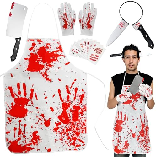 Smlper - Disfraz macellaio para Halloween, set horror macellaio para Halloween, grembiule insanguinato da uomo in accessorio per capelli, coltello di scena, tatuaje con cicatrices zombie-cuchillo