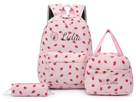 Genérico Set de Mochila Escolar Personalizada para Niñas con Nombre Bordado, Mochila 20 L en Pana Fresa, Juego de 3 Piezas (Mochila + Lonchera + Estuche) para Primaria y Secundaria (Rosa)