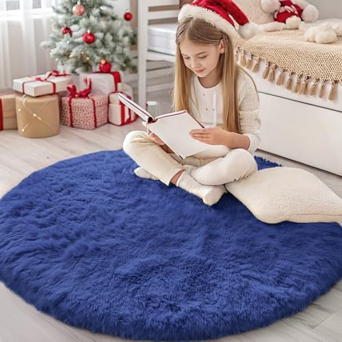 Homaxy Fluffig, halkfri och maskintvättbar matta med hög lugg, för vardagsrum, mjuk och tjock sovrumsmatta för barnrum, marinblå, rund, 120 cm
