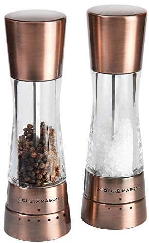 Cole & Mason Derwent Copper Salt and Pepper Mills, Adjustable Grind Settings, Gourmet Precision+, Stainless Steel/Acrylic, 190 mm, Gift Set, Includes 2 x Salt and Pepper Grinders