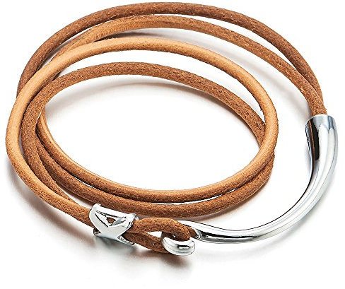 COOLSTEELANDBEYOND Zwei Runden Braun Leder-Armband für Herren Damen Echtes Leder Schweißband Leder Armreif mit Hakenverschluss