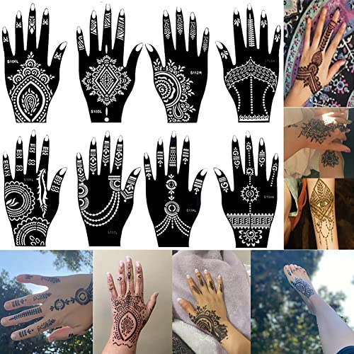 XMASIR 8 Feuilles Pochoir Tatouage Temporaire pour Main Corps Réutilisable Pochoir de Tatouage Temporaire pour Femmes