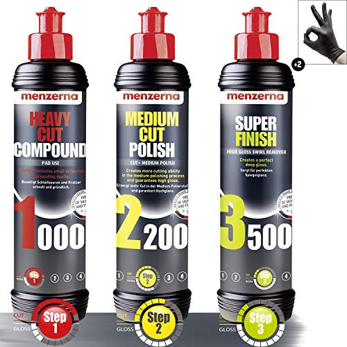 Menzerna Heavy Cut Compound 1000, Medium Cut Polish 2200, Super Finish 3500 (250ml Chacun) + Gants de Protection Detailmate