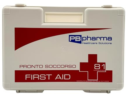 PBpharma - Cassetta pronto soccorso con chiusura a 2 clip rotanti - Allegato 2 per aziende con 3 o meno dipendenti, per lavoratori del Gruppo C, conforme DM 388, First Aid kit 32x22x8 cm, 1.65kg