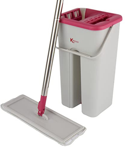 Kleeneze Mop and Bucket Set - Microfibre Flat Head Mop, Bucket with Built-in Wringer & Dirt Removing Scraper, Machine Washable Pad, Compact Space-Saving Cleaning Set, 180° Swivel Head, KL062253EU