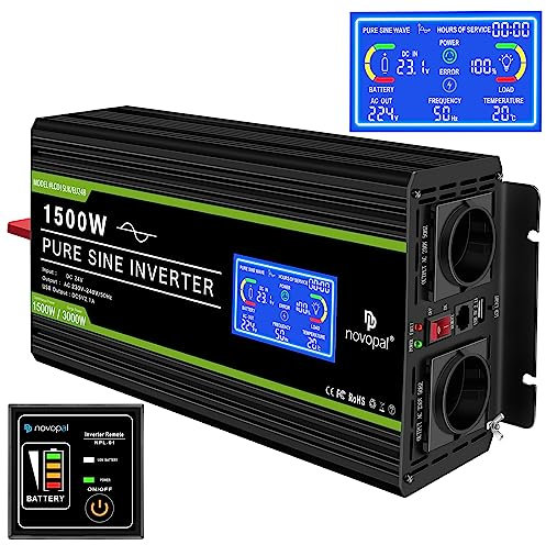 NOVOPAL 1500W Onda Sinusoidal Pura Inversor de Corriente DC 24V a AC 220V 230V con Pantalla LCD Display con 2 Toma de AC &2.1A USB Puerto