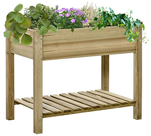 Outsunny Huerto Urbano de Madera con Estante 91x51x76 cm Mesa de Cultivo Rectangular con Orificios de Drenaje para Cultivos Plantas Jardín Terraza Exterior Color Natural