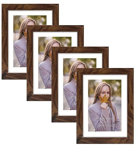 EXYGLO 4er-Set Bilderrahmen 10x15 CM, Braune Rustikale Fotorahmen für 15x10 Fotos mit Passepartouts oder 13x18 Bilder ohne Passepartouts, Wand- oder Tischaufsteller