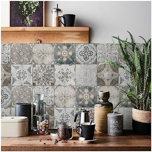 24 adesivi per piastrelle per cucina e bagno, stile vintage, autoadesivi, impermeabili, a prova di olio, 20 x 20 cm, grigio