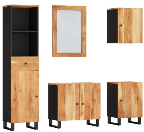 vidaXL Badmöbel Set 5 tlg., Waschbeckenunterschrank mit Holzbeinen, Spiegel für Badezimmer, Badspiegel Badschrank Badezimmerschrank Hochschrank Wandschrank, Massivholz Akazie