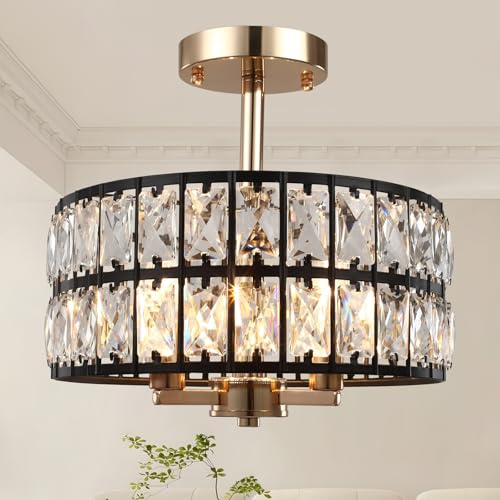 JZQWCK Crystal Ceiling Light Fixture, 12.6 Black and Rose Gold Semi Flush Mount Ceiling Light Fixture 3 Lights Modern Drum Round Crystal Chandeliers for Entryway Kitchen Hallway Bedroom Living Room