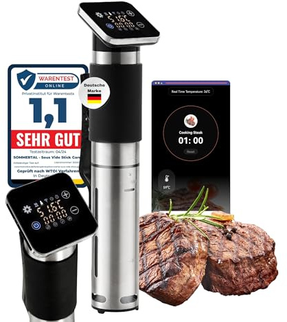 Sommertal TS1300 Sous Vide Stick Garer Stab, WiFi WLAN App Steuerung, Präzisionskocher Temperatureinstellung 0°C bis 90°C, wasserfest IPX7, Timer, Smart Home, 1300W