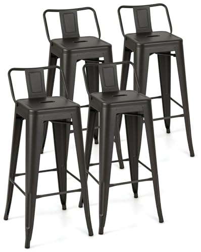 COSTWAY Stacking Bar Stools Set of 4, Metal Nesting Kitchen Chairs with Removable Backrest, Footres & Non-slip Mats, Breakfast Dining Seating Barstools for Home Office (Gun, 42x42x92cm)