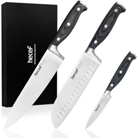 hecef Messerset, 3 tlg Küchenmesser Set mit Pakkawood Griff, Full-tang, Scharfes Kochmesser Profi Messer aus Hochwertigem Carbon Edelstahl mit Chefmesser, Santukumesser, Schälmesser