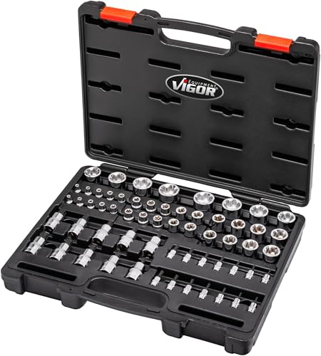 ViGOR T+ Steckschlüsseleinsatz Satz V7920N, 60 Werkzeuge, 1/4, 3/8, 1/2 Vierkant, E+ Profil, T+ Profil, für BMW, VAG, MERCEDES-BENZ, AUDI, MAN, FORD, OPEL