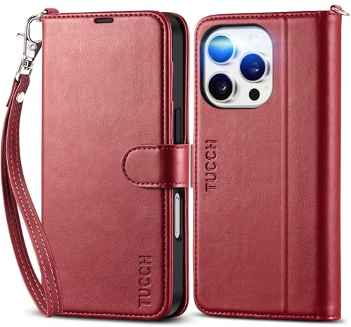 TUCCH Wallet Case with Wrist Strap for iPhone 16 Pro (6.3), Dark Red | 4 Card Slots, RFID Blocking, Kickstand, Shockproof TPU Shell, Premium PU Leather, Magnetic Closure, Folio Flip Cover